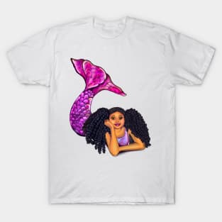 Magical rainbow mermaid lying on sand with brown eyes curly Afro hair and caramel skin, black mermaid T-Shirt